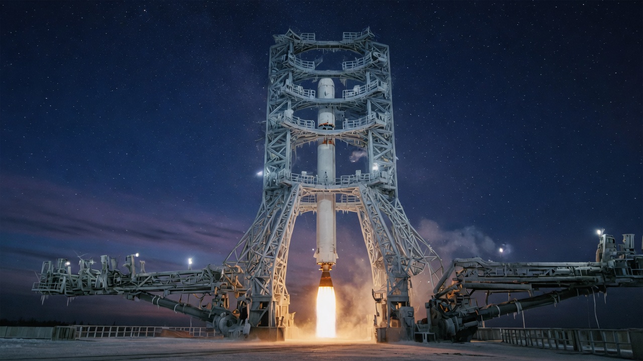 Night pad scaffolding and a narrow flame column against frost air